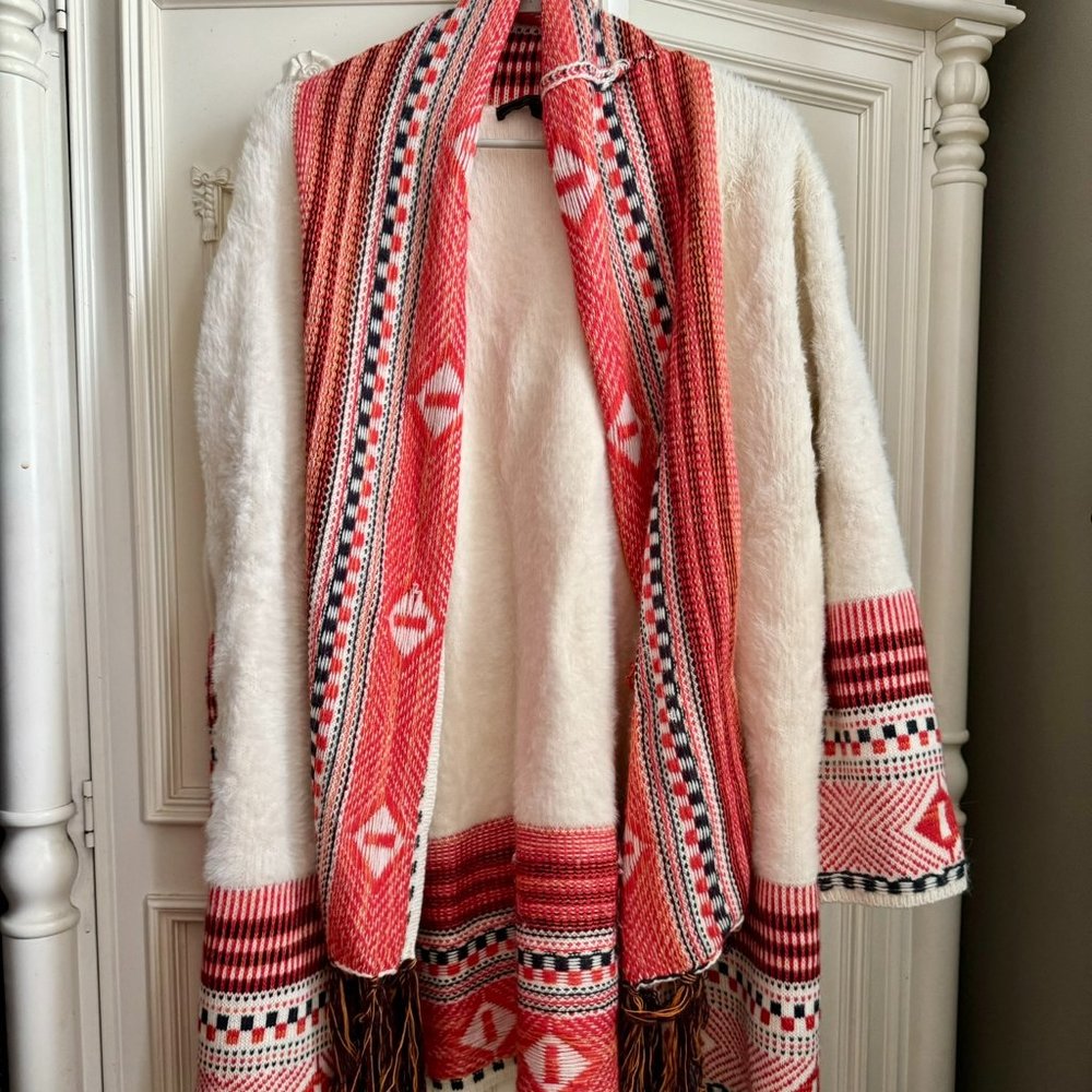 Maxsport white & red Aztec patterned cardigan w/ fringe, women's size large